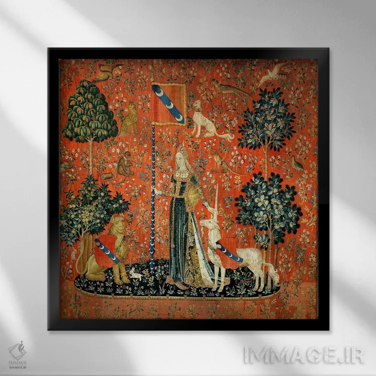 تابلو بانوی و تکشاخ: "لمس" اثر مکتب فرانسوی (سبک یا جریان هنری) - نمای قابدار مشکی