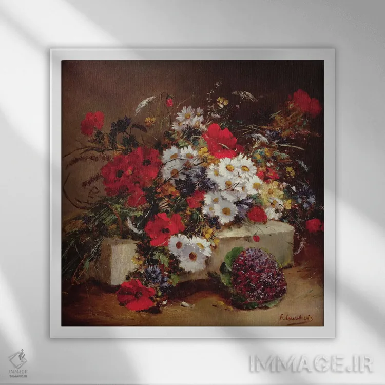 تابلو شقایقها و گلهای مروارید اثر اوژن آنری کوشوآ - نمای قابدار سفید