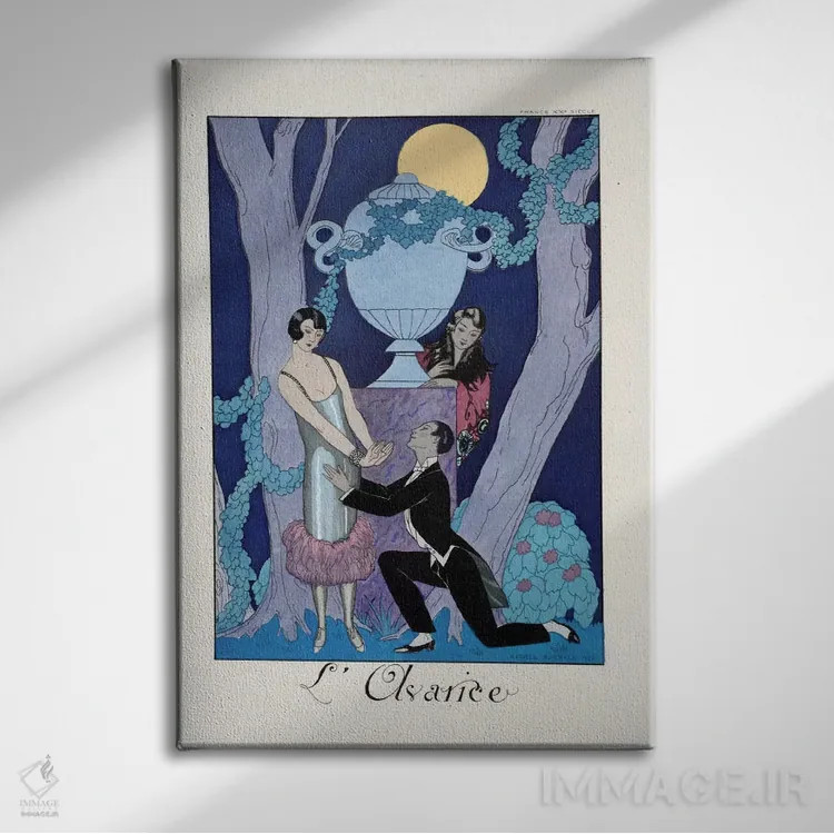 تابلو from 'Falbalas & Fanfreluches, Almanach des Modes Présentes,حرص، از "فالبالا و فانفرلوش، سالنامه مُدهای حاضر" اثر جورج باربیه (طراح و تصویرگر فرانسوی) - نمای روبهرو روی دیوار