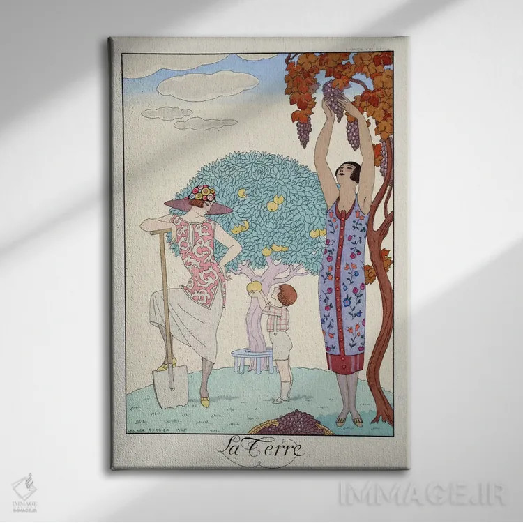 تابلو from 'Falbalas & Fanfreluches, Almanach des Modes Présentes,زمین، از "فالبالا و فانفرلوش، سالنامه مُدهای حاضر" اثر جورج باربیه (طراح و تصویرگر فرانسوی) - نمای روبهرو روی دیوار