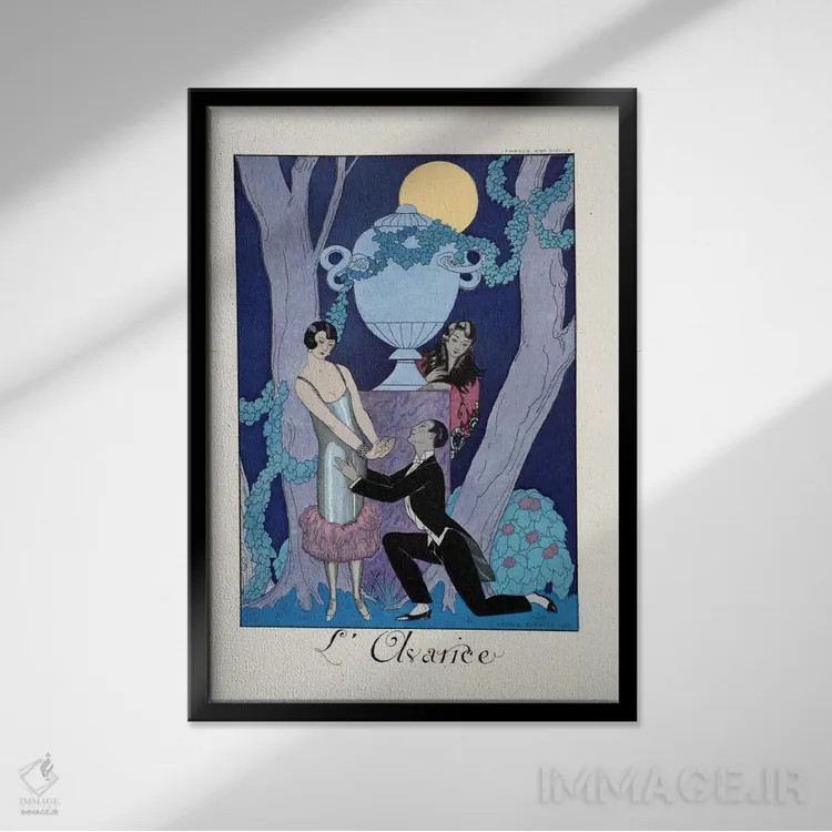 تابلو from 'Falbalas & Fanfreluches, Almanach des Modes Présentes,حرص، از "فالبالا و فانفرلوش، سالنامه مُدهای حاضر" اثر جورج باربیه (طراح و تصویرگر فرانسوی) - نمای قابدار مشکی