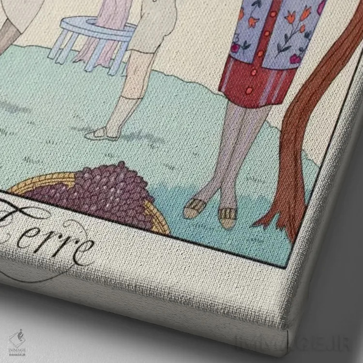 تابلو from 'Falbalas & Fanfreluches, Almanach des Modes Présentes,زمین، از "فالبالا و فانفرلوش، سالنامه مُدهای حاضر" اثر جورج باربیه (طراح و تصویرگر فرانسوی) - نمای نزدیک بافت بوم