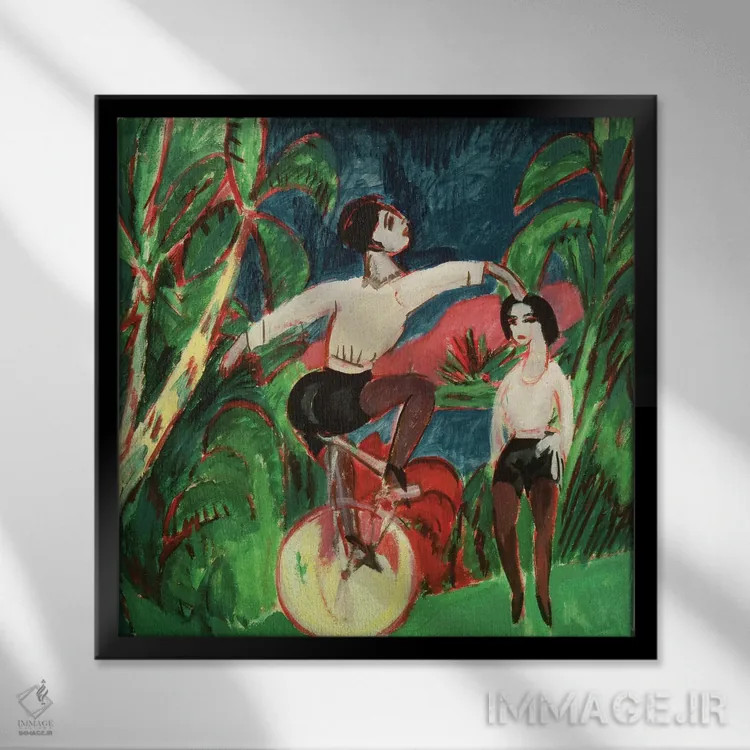 تابلو 1911,دوچرخهسوار تکچرخه، ۱۹۱۱ اثر ارنست لودویگ کیرشنر (نقاش اکسپرسیونیست آلمانی) - نمای قابدار مشکی