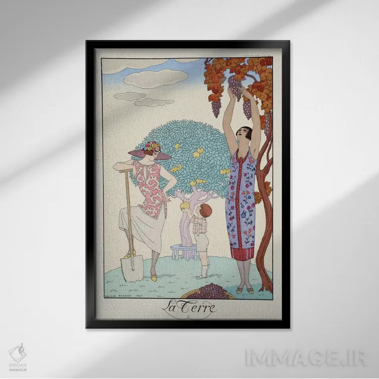 تابلو from 'Falbalas & Fanfreluches, Almanach des Modes Présentes,زمین، از "فالبالا و فانفرلوش، سالنامه مُدهای حاضر" اثر جورج باربیه (طراح و تصویرگر فرانسوی) - نمای قابدار مشکی