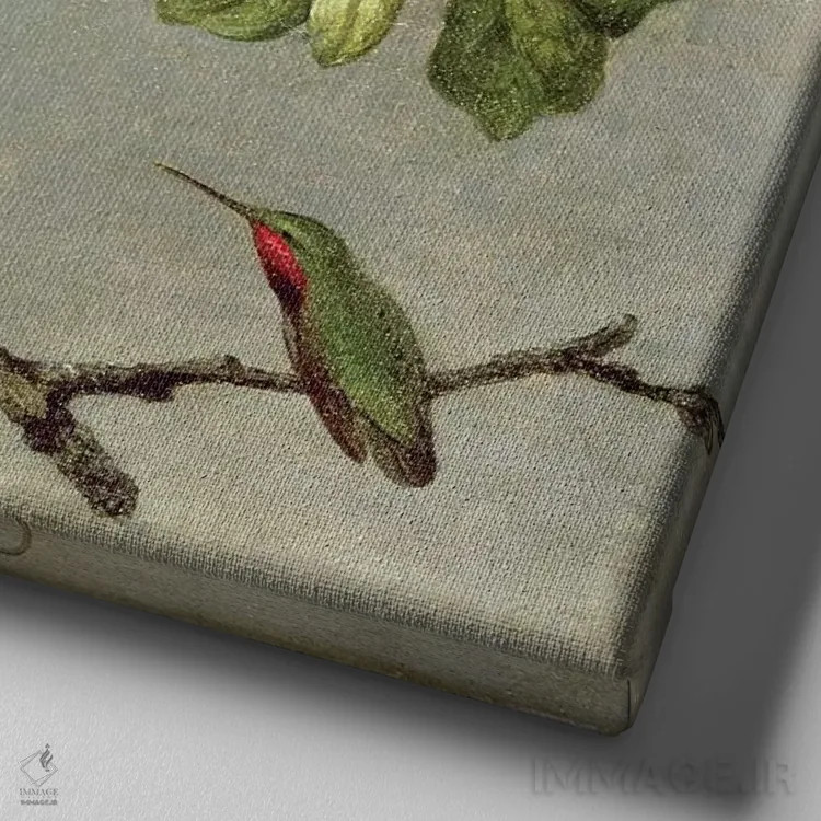 تابلو 1875,شکوفههای سیب و مرغ مگسخوار، ۱۸۷۵ اثر مارتین جانسون هید (نقاش طبیعتگرای آمریکایی) - نمای نزدیک بافت بوم