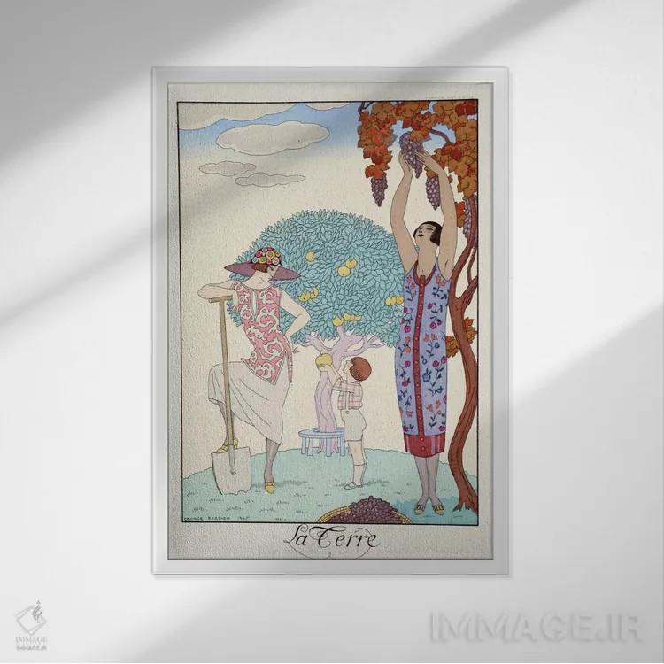 تابلو from 'Falbalas & Fanfreluches, Almanach des Modes Présentes,زمین، از "فالبالا و فانفرلوش، سالنامه مُدهای حاضر" اثر جورج باربیه (طراح و تصویرگر فرانسوی) - نمای قابدار سفید