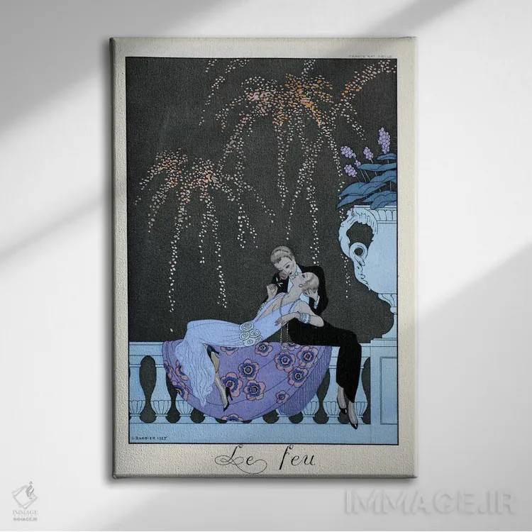 تابلو آتش، از "فالبالا و فانفرلوش، سالنامهٔ مد زمان" اثر جورج باربیه (طراح و تصویرگر فرانسوی) - نمای روبهرو روی دیوار