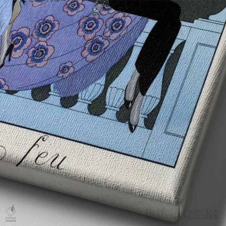 تابلو آتش، از "فالبالا و فانفرلوش، سالنامهٔ مد زمان" اثر جورج باربیه (طراح و تصویرگر فرانسوی) - نمای نزدیک بافت بوم