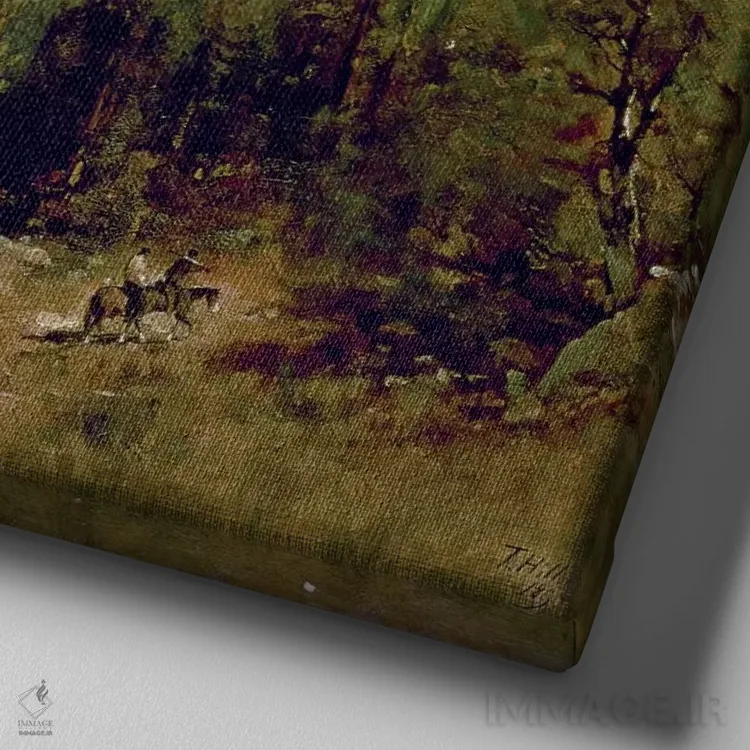 تابلو 1890,شکار در یوسمیتی، ۱۸۹۰ اثر توماس هیل - نمای نزدیک بافت بوم