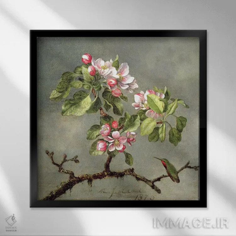 تابلو 1875,شکوفههای سیب و مرغ مگسخوار، ۱۸۷۵ اثر مارتین جانسون هید (نقاش طبیعتگرای آمریکایی) - نمای قابدار مشکی