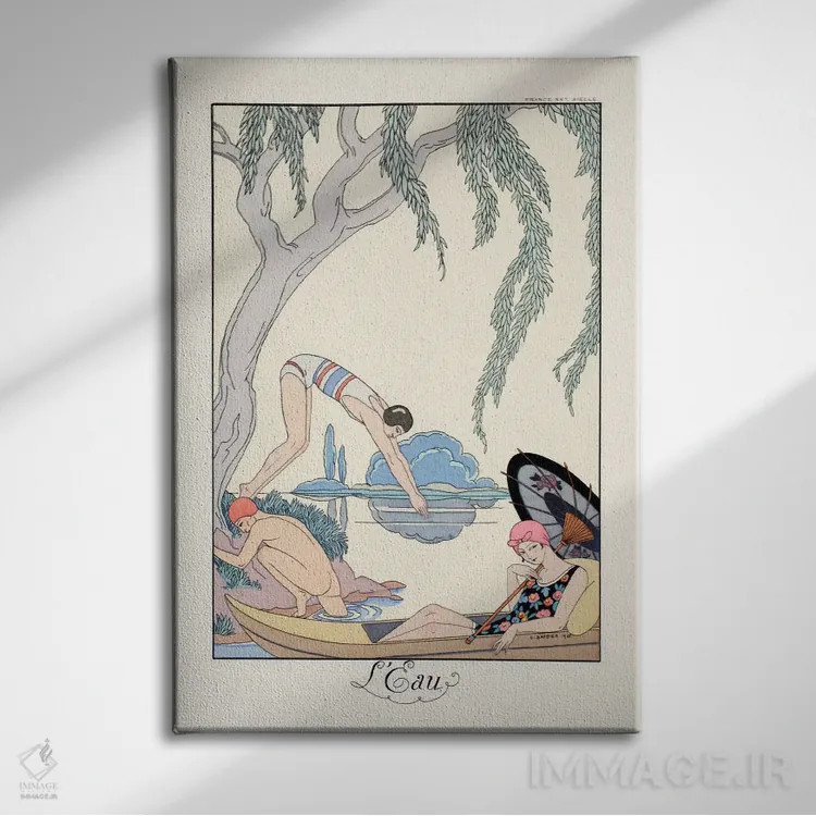 تابلو آب، از "فالبالا و فانفرلوش، سالنامهٔ مد زمان" اثر جورج باربیه (طراح و تصویرگر فرانسوی) - نمای روبهرو روی دیوار