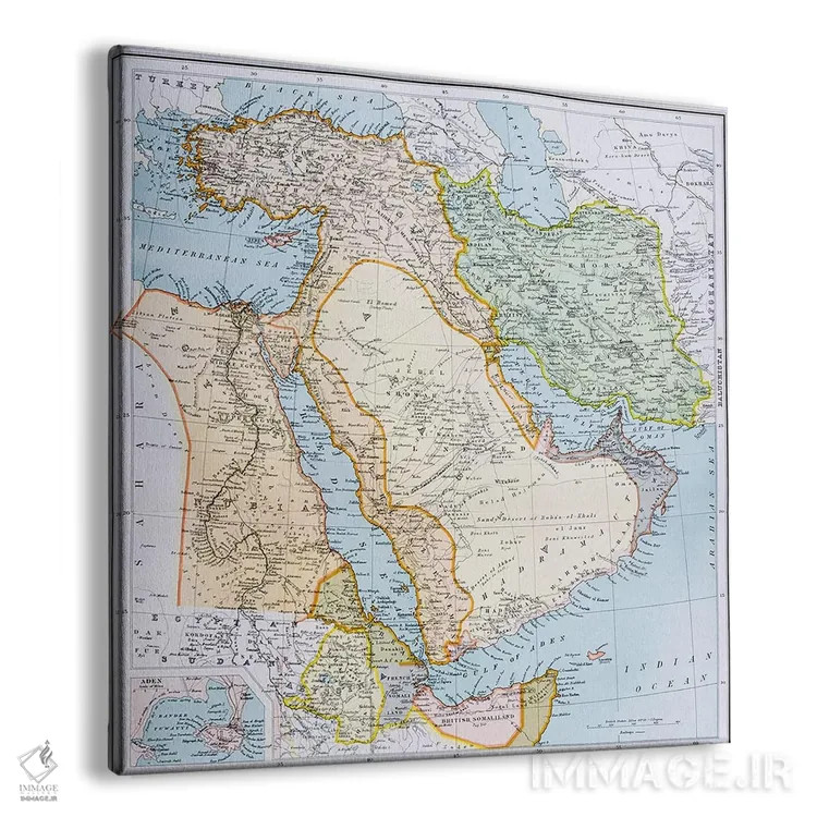 تابلو نقشهٔ ترکیه و خاورمیانه و شاخ آفریقا، اطلس سیتیزن جهان، حدود ۱۸۹۹ اثر مکتب انگلیسی (سبک یا جنبش هنری) - نمای پرسپکتیو محصول