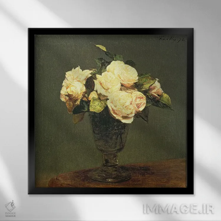 تابلو 1873,رزهای سفید، ۱۸۷۳ اثر اگناس آنری ژان تئودور فانتن-لاتور - نمای قابدار مشکی