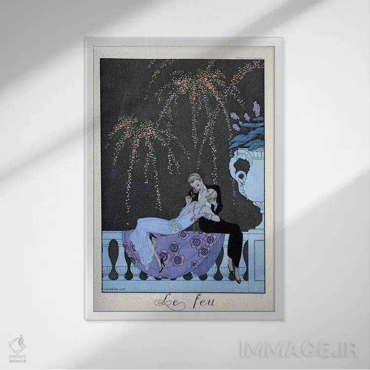 تابلو آتش، از "فالبالا و فانفرلوش، سالنامهٔ مد زمان" اثر جورج باربیه (طراح و تصویرگر فرانسوی) - نمای قابدار سفید