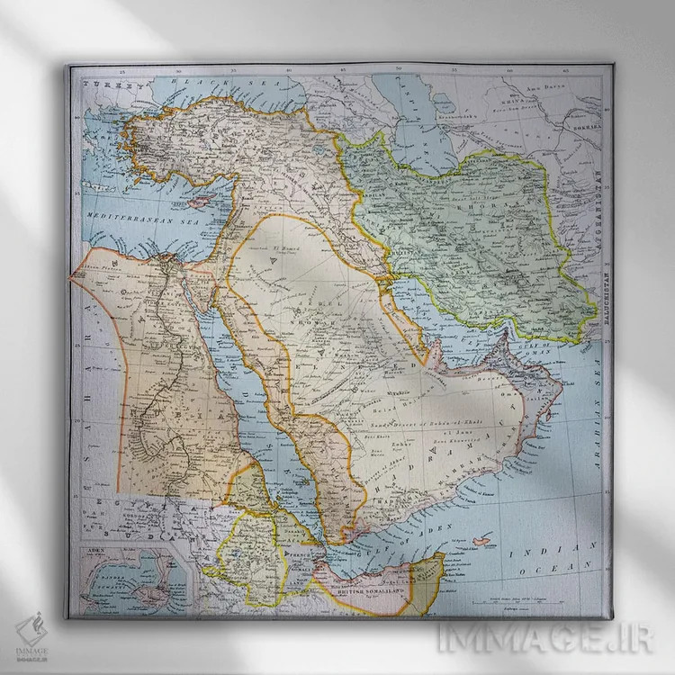 تابلو نقشهٔ ترکیه و خاورمیانه و شاخ آفریقا، اطلس سیتیزن جهان، حدود ۱۸۹۹ اثر مکتب انگلیسی (سبک یا جنبش هنری) - نمای روبهرو روی دیوار