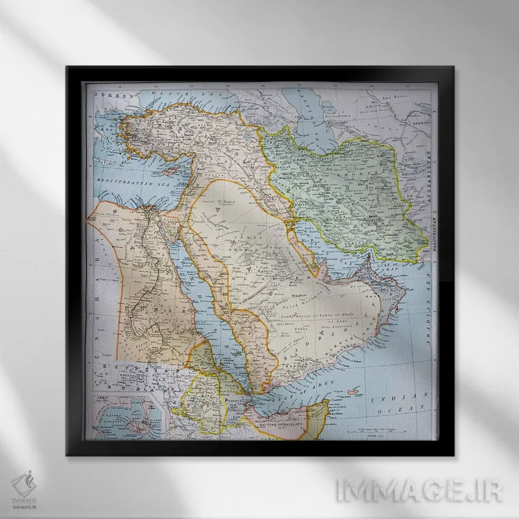 تابلو نقشهٔ ترکیه و خاورمیانه و شاخ آفریقا، اطلس سیتیزن جهان، حدود ۱۸۹۹ اثر مکتب انگلیسی (سبک یا جنبش هنری) - نمای قابدار مشکی