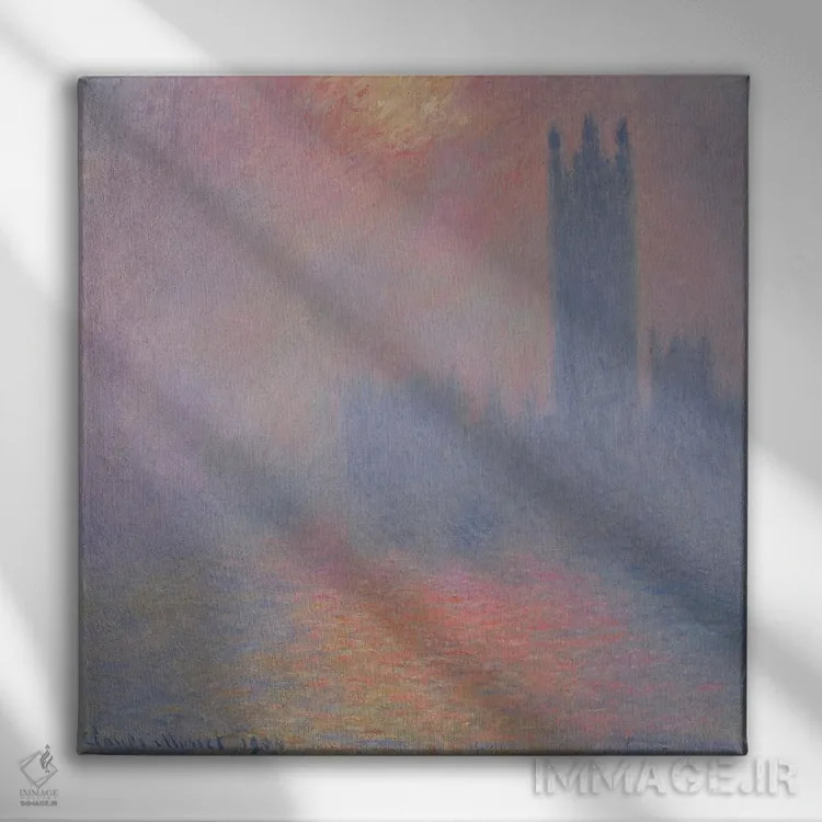 تابلو ساختمان پارلمان لندن، با نور خورشید در حال گذر از مه، ۱۹۰۴ اثر کلود مونه (نقاش معروف فرانسوی) - نمای روبهرو روی دیوار