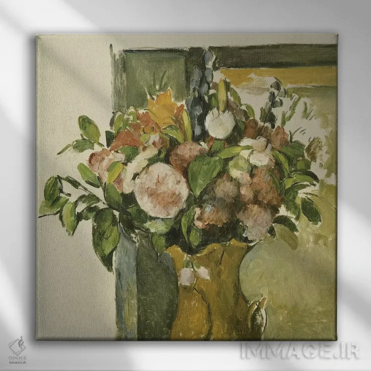 تابلو گلها در گلدان اثر پل سزان - نمای روبهرو روی دیوار