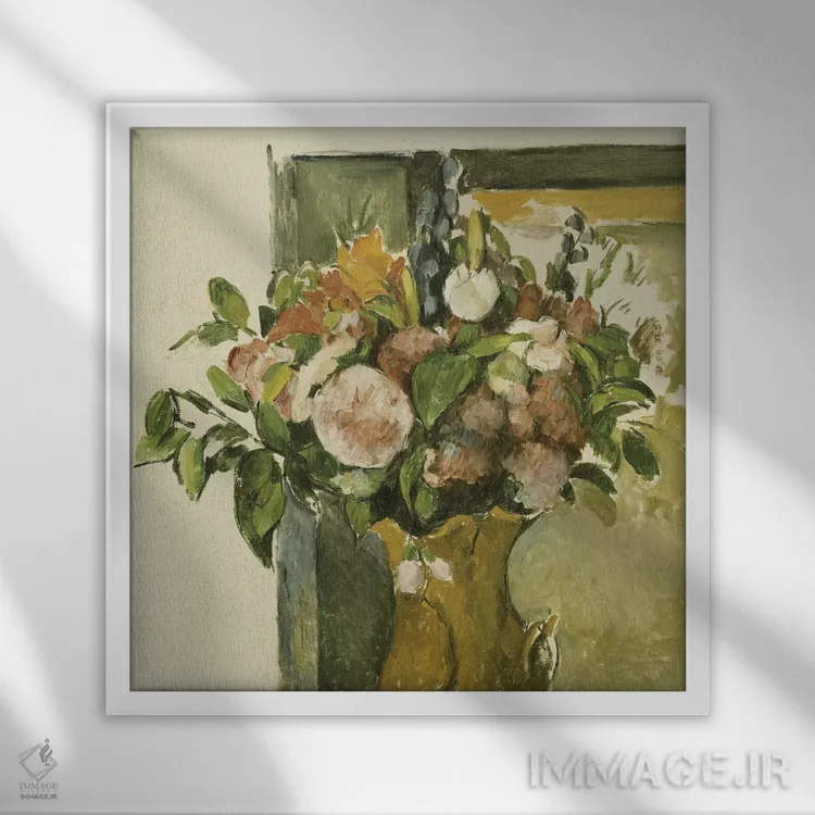 تابلو گلها در گلدان اثر پل سزان - نمای قابدار سفید