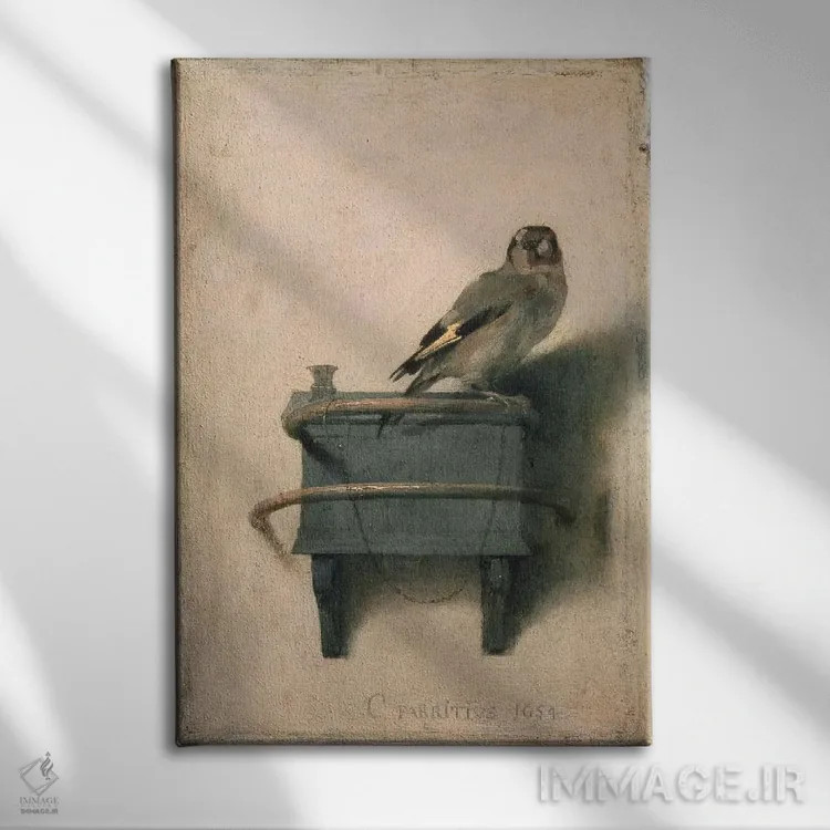 تابلو فنچ طلایی، ۱۶۵۴ اثر کارل فابریتیوس (نقاش هلندی) - نمای روبهرو روی دیوار