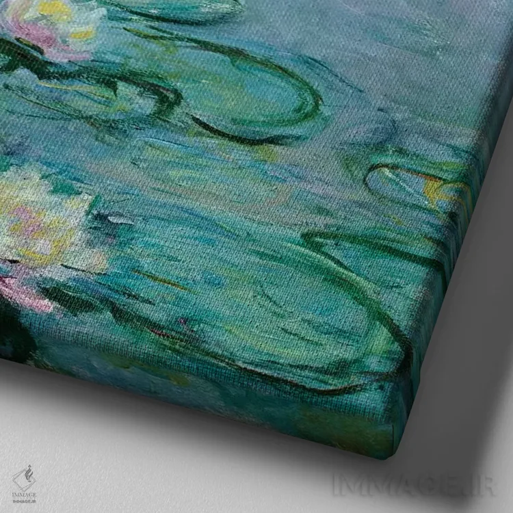 تابلو نیلوفرهای آبی اثر کلود مونه (نقاش معروف فرانسوی) - نمای نزدیک بافت بوم