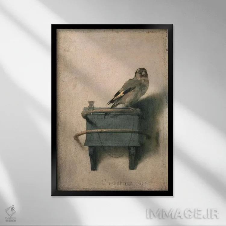 تابلو فنچ طلایی، ۱۶۵۴ اثر کارل فابریتیوس (نقاش هلندی) - نمای قابدار مشکی