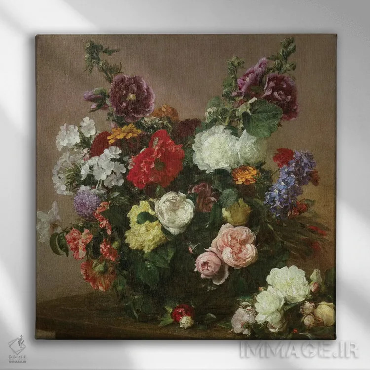 تابلو دستهگلی از گلهای مختلف، ۱۸۸۱ اثر اگناس آنری ژان تئودور فانتن-لاتور - نمای روبهرو روی دیوار