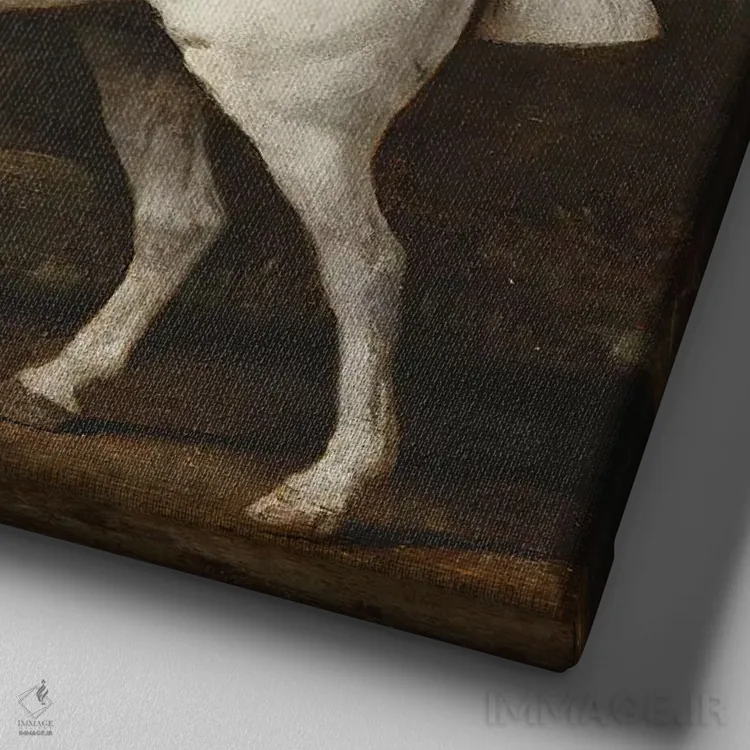 تابلو نجیبی بر اسب خاکستری در منظرهای صخرهای و جنگلی، ۱۷۸۱ اثر جورج استابز (نقاش حیوانات انگلیسی) - نمای نزدیک بافت بوم