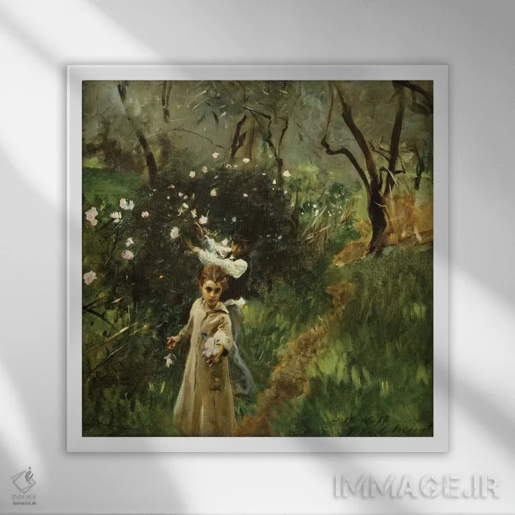 تابلو جمع کردن گلها در گرگومیش اثر جان سینگر سارجنت (نقاش پرتره آمریکایی) - نمای قابدار سفید