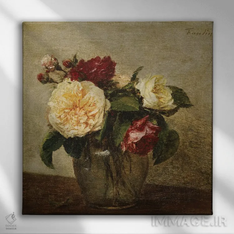 تابلو گلهای رز قرمز و زرد، ۱۸۷۹ اثر اگناس آنری ژان تئودور فانتن-لاتور - نمای روبهرو روی دیوار