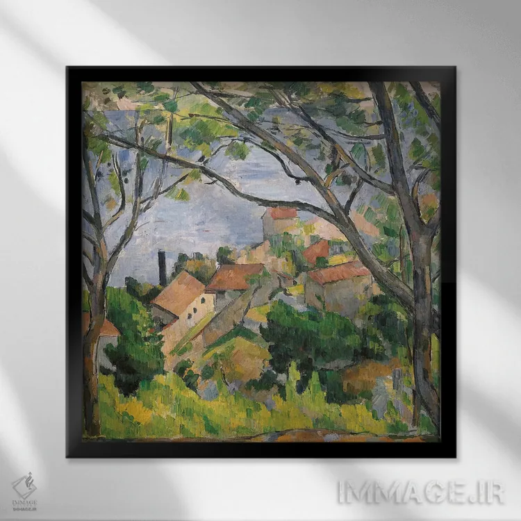 تابلو نمای لِستاگ از میان درختان، ۱۸۷۹ اثر پل سزان - نمای قابدار مشکی