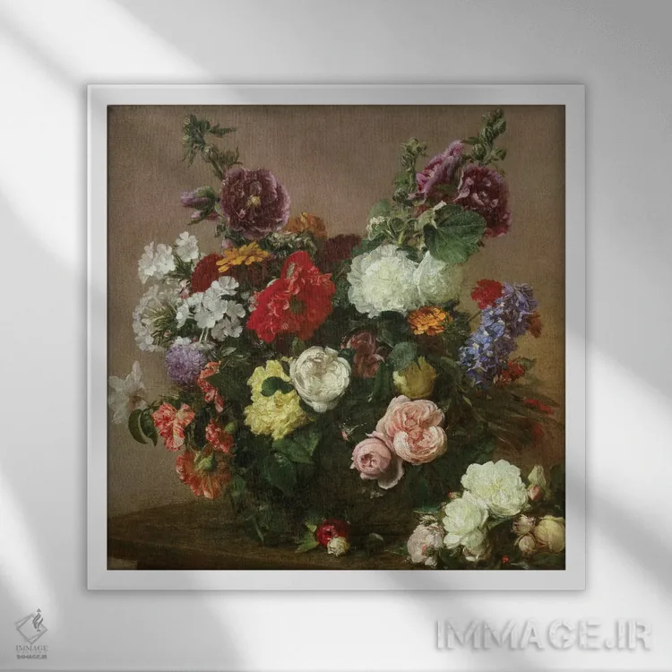 تابلو دستهگلی از گلهای مختلف، ۱۸۸۱ اثر اگناس آنری ژان تئودور فانتن-لاتور - نمای قابدار سفید