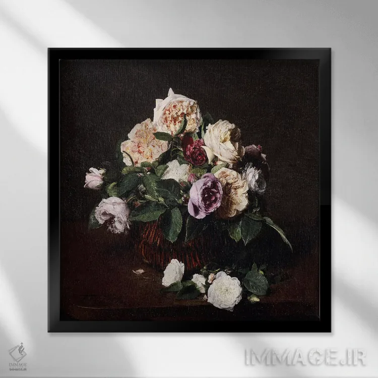 تابلو گلدان گل، ۱۸۷۶ اثر اگناس آنری ژان تئودور فانتن-لاتور - نمای قابدار مشکی