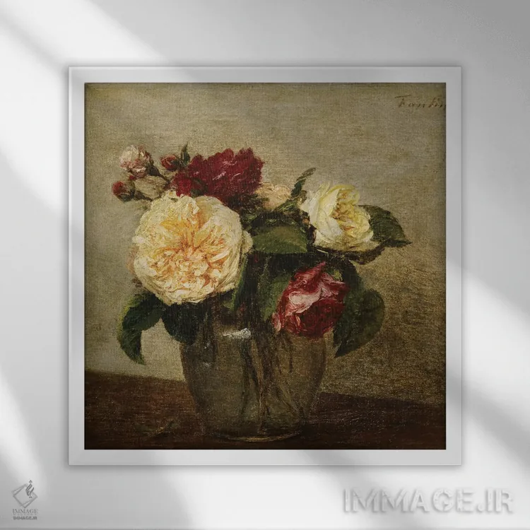 تابلو گلهای رز قرمز و زرد، ۱۸۷۹ اثر اگناس آنری ژان تئودور فانتن-لاتور - نمای قابدار سفید