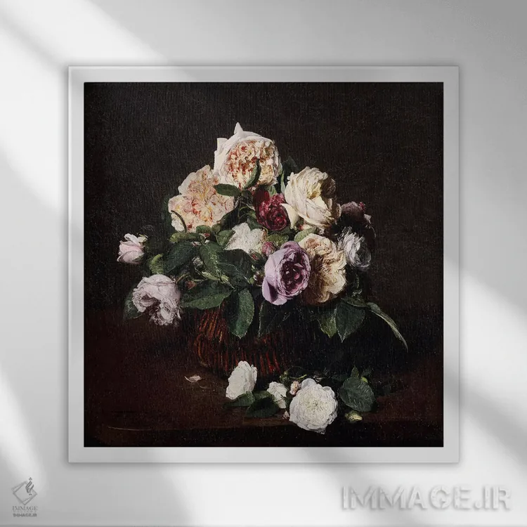 تابلو گلدان گل، ۱۸۷۶ اثر اگناس آنری ژان تئودور فانتن-لاتور - نمای قابدار سفید