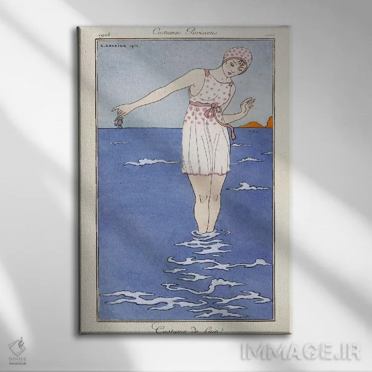 تابلو لباس پاریسی: لباس شنای ۱۹۱۳ (چاپ رنگی) اثر جورج باربیه (طراح و تصویرگر فرانسوی) - نمای روبهرو روی دیوار