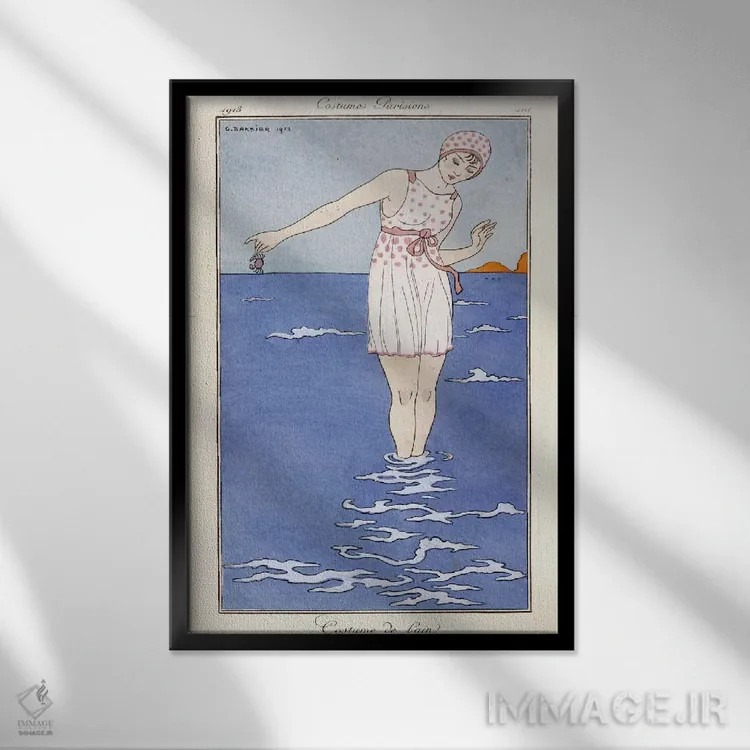 تابلو لباس پاریسی: لباس شنای ۱۹۱۳ (چاپ رنگی) اثر جورج باربیه (طراح و تصویرگر فرانسوی) - نمای قابدار مشکی