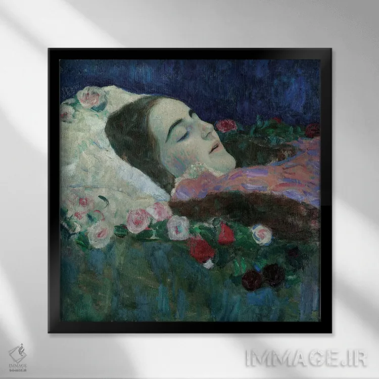 تابلو ریا مونک بر بستر مرگ، حدود ۱۹۱۰ اثر گوستاو کلیمت - نمای قابدار مشکی