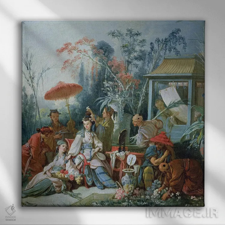 تابلو c.1742,باغ چینی، حدود ۱۷۴۲ (نقاشی از باغ چینی) اثر فرانسوا بوشه (نقاش فرانسوی سبک روکوکو) - نمای روبهرو روی دیوار