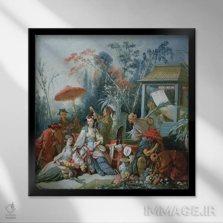 تابلو c.1742,باغ چینی، حدود ۱۷۴۲ (نقاشی از باغ چینی) اثر فرانسوا بوشه (نقاش فرانسوی سبک روکوکو) - نمای قابدار مشکی