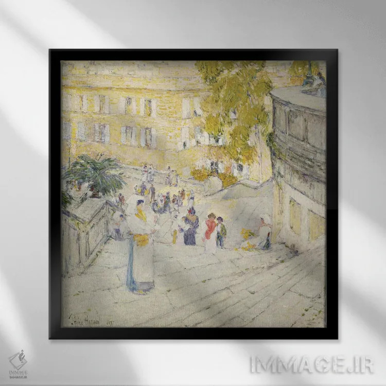 تابلو 1897,پلکان اسپانیایی رم، ۱۸۹۷ (محل تاریخی) اثر چایلد هسام (نقاش امپرسیونیست آمریکایی) - نمای قابدار مشکی