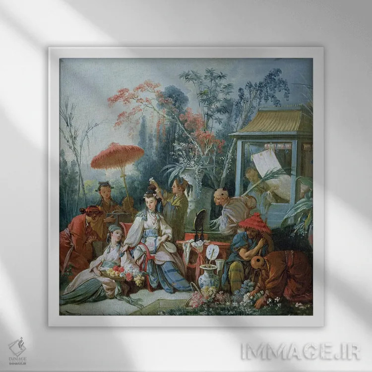 تابلو c.1742,باغ چینی، حدود ۱۷۴۲ (نقاشی از باغ چینی) اثر فرانسوا بوشه (نقاش فرانسوی سبک روکوکو) - نمای قابدار سفید