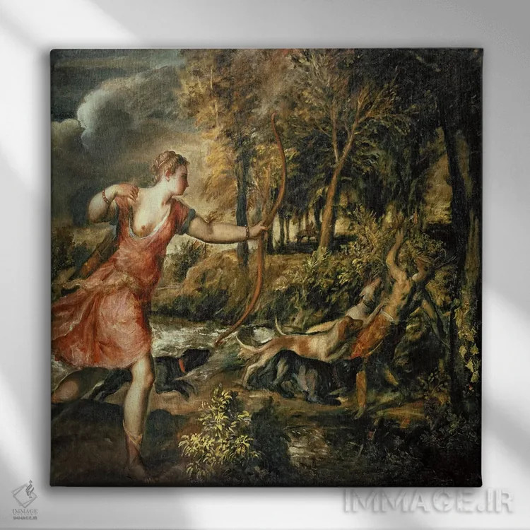 تابلو c.1565,مرگ آکتائون، حدود ۱۵۶۵ (اسطوره یونانی) اثر تیتیان (نقاش ایتالیایی رنسانس) - نمای روبهرو روی دیوار