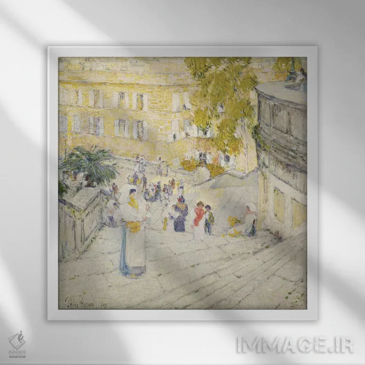 تابلو 1897,پلکان اسپانیایی رم، ۱۸۹۷ (محل تاریخی) اثر چایلد هسام (نقاش امپرسیونیست آمریکایی) - نمای قابدار سفید