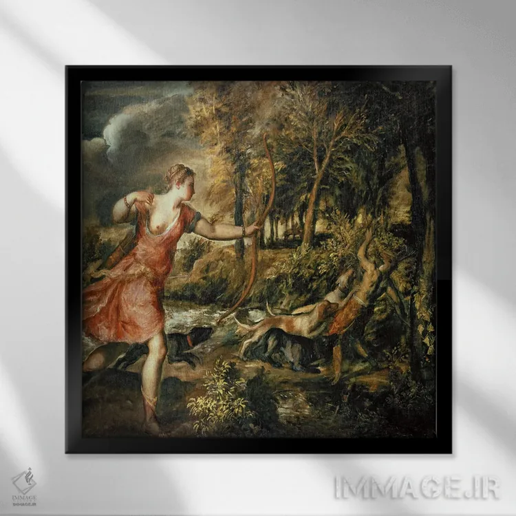 تابلو c.1565,مرگ آکتائون، حدود ۱۵۶۵ (اسطوره یونانی) اثر تیتیان (نقاش ایتالیایی رنسانس) - نمای قابدار مشکی