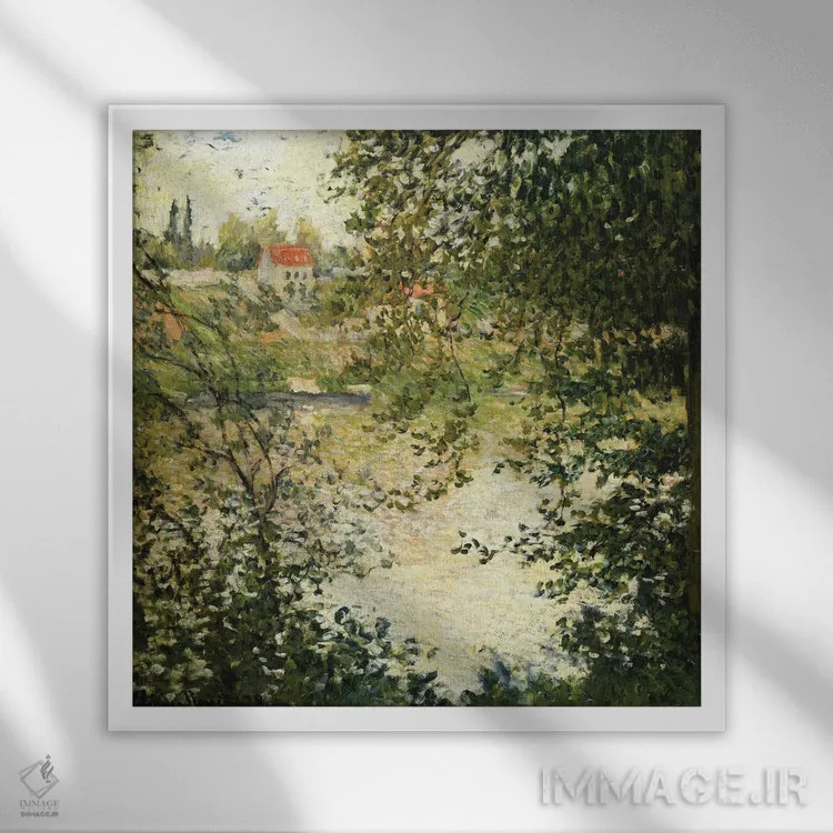 تابلو Ile de la Grande Jatte), 1878,منظرهای از میان درختان جزیره گراند ژات، ۱۸۷۸ اثر کلود مونه (نقاش معروف فرانسوی) - نمای قابدار سفید
