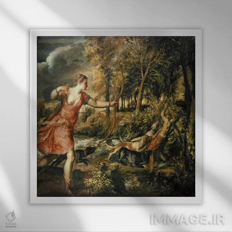 تابلو c.1565,مرگ آکتائون، حدود ۱۵۶۵ (اسطوره یونانی) اثر تیتیان (نقاش ایتالیایی رنسانس) - نمای قابدار سفید