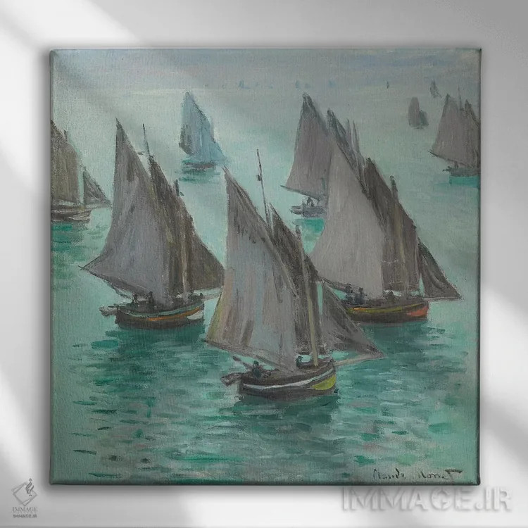تابلو Calm Sea, 1868،قایقهای ماهیگیری، دریای آرام، ۱۸۶۸ اثر کلود مونه (نقاش معروف فرانسوی) - نمای روبهرو روی دیوار