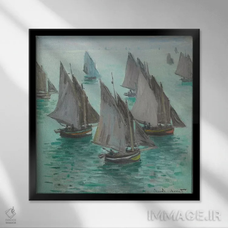 تابلو Calm Sea, 1868،قایقهای ماهیگیری، دریای آرام، ۱۸۶۸ اثر کلود مونه (نقاش معروف فرانسوی) - نمای قابدار مشکی