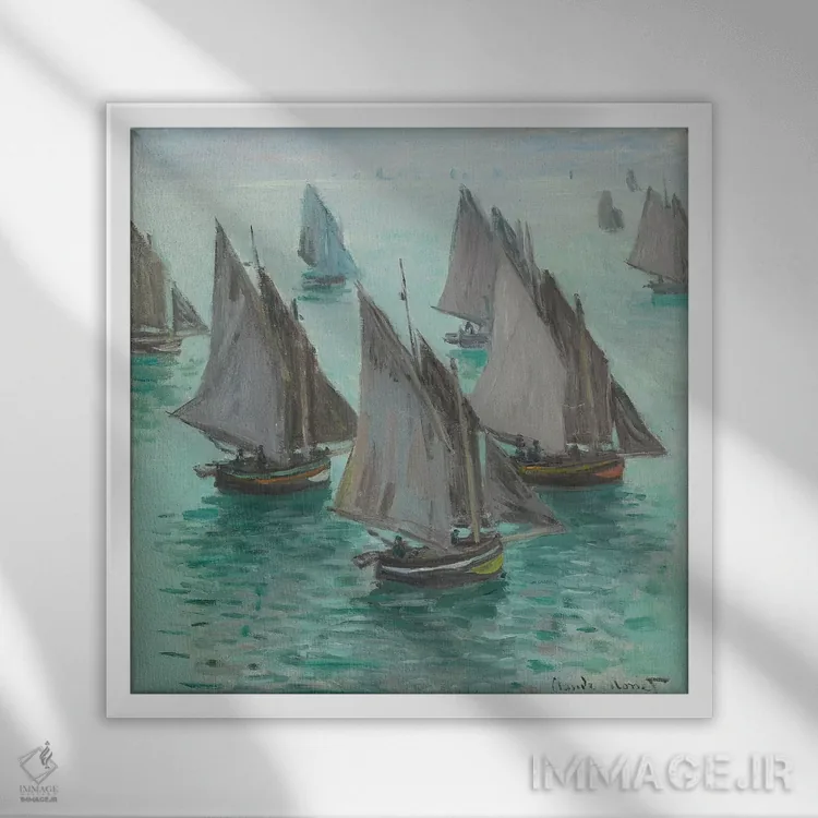 تابلو Calm Sea, 1868،قایقهای ماهیگیری، دریای آرام، ۱۸۶۸ اثر کلود مونه (نقاش معروف فرانسوی) - نمای قابدار سفید